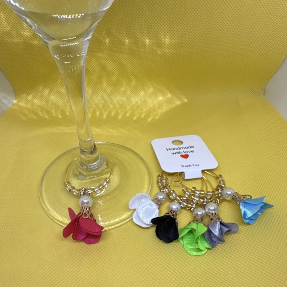 Handmade Multicolor Flower Wine Glass Charms Set of 6 Lightweight Party Markers